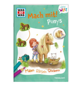 Kinder-Mitmachbuch mit einem Mädchen, Pony, Katze und Pony-Stickern vor grünem Hintergrund.