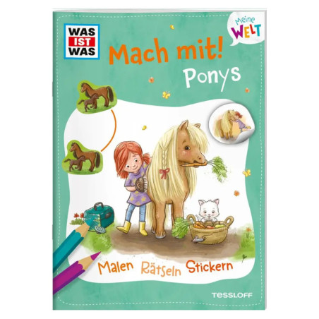 Kinder-Mitmachbuch mit einem Mädchen, Pony, Katze und Pony-Stickern vor grünem Hintergrund.
