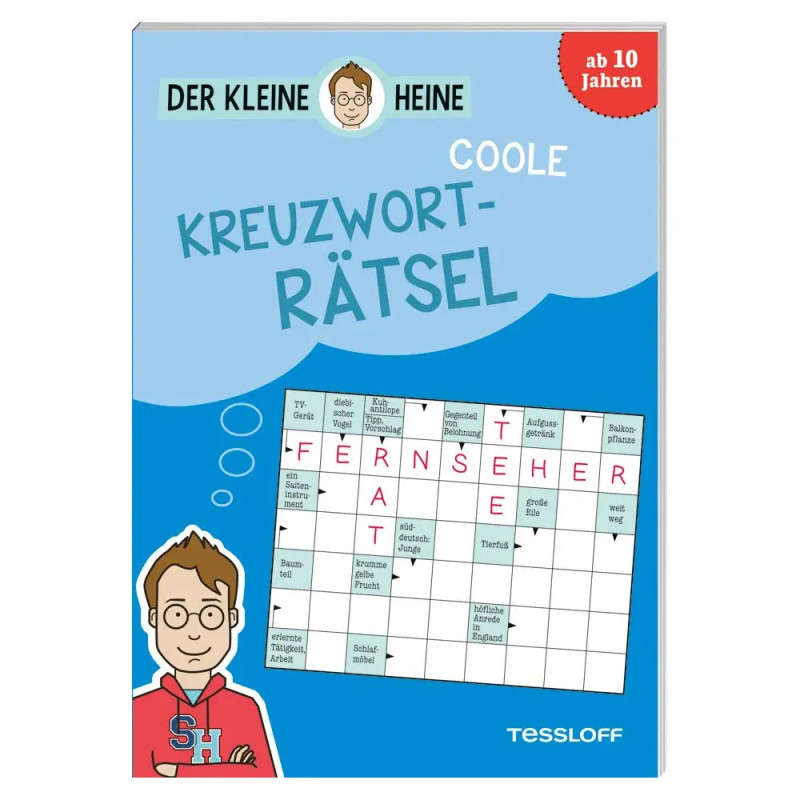 Blaues deutsches Kreuzworträtselbuch mit Comic-Junge und großem Rätselgitter, Titel: Coole Kreuzworträtsel.