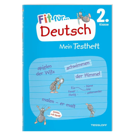 Blaues Deutsch-Arbeitsheft mit Ameisen, Titel: Fit für Deutsch 2. Klasse Mein Testheft.