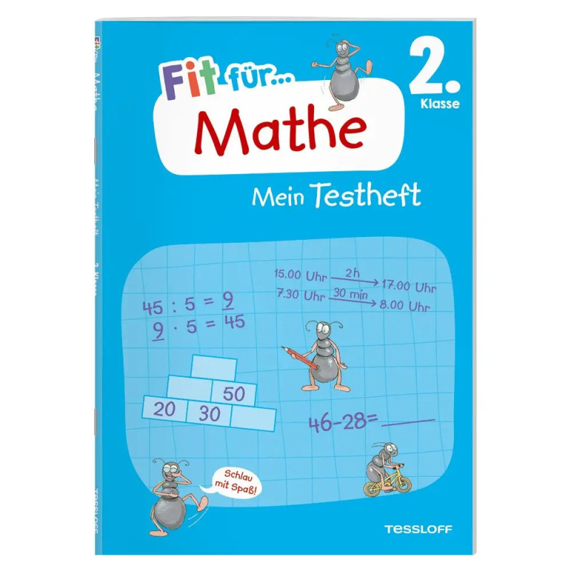 Blaues deutsches Mathebuch für die 2. Klasse mit Comic-Mäusen, Rechenaufgaben und Fit für... Mathe-Schriftzug.