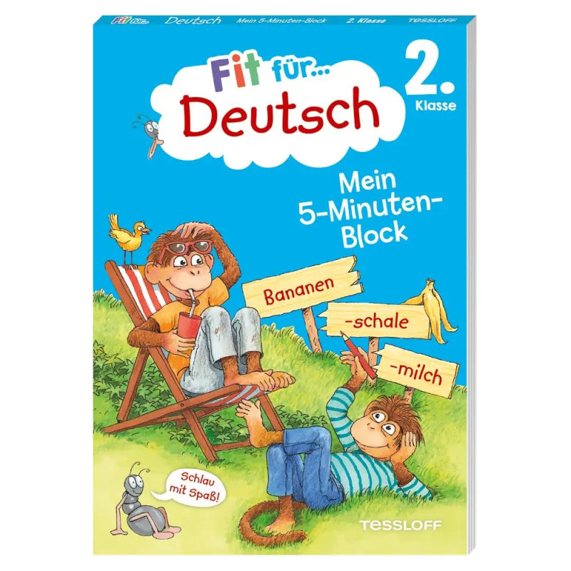 Zwei Affen mit deutschen Wortkarten auf dem Buchcover Fit für Deutsch 2. Klasse.
