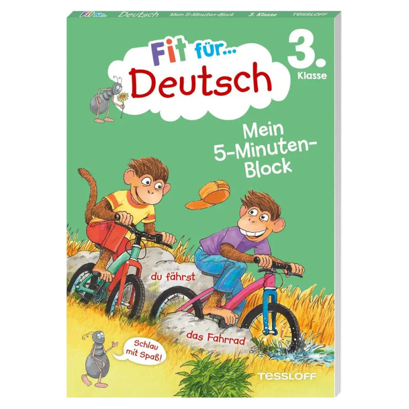 Zwei Affen auf Fahrrädern zieren das Cover von TESSLOFF Fit für Deutsch 3. Klasse - Mein 5-Minuten-Block.