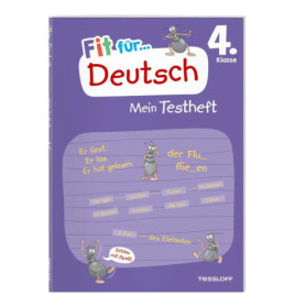 Lila Arbeitsheft mit Comic-Pinguinen, Titel: "Fit für Deutsch 4. Klasse: Mein Testheft".