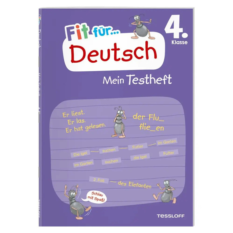 Lila Arbeitsheft mit Comic-Pinguinen, Titel: "Fit für Deutsch 4. Klasse: Mein Testheft".