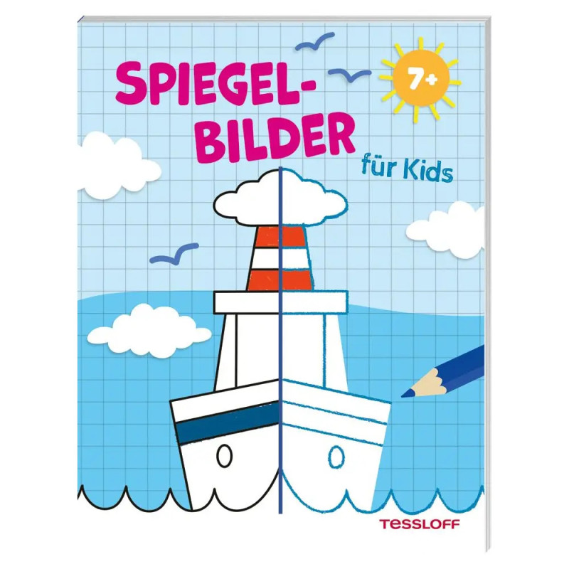 Kindermitmachbuch mit Schiff, blauem Raster, Wolken und dem Titel SPIEGEL-BILDER für Kids auf dem Cover.