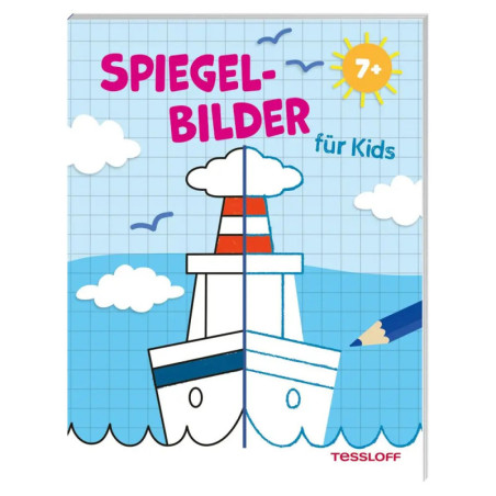 Kindermitmachbuch mit Schiff, blauem Raster, Wolken und dem Titel SPIEGEL-BILDER für Kids auf dem Cover.