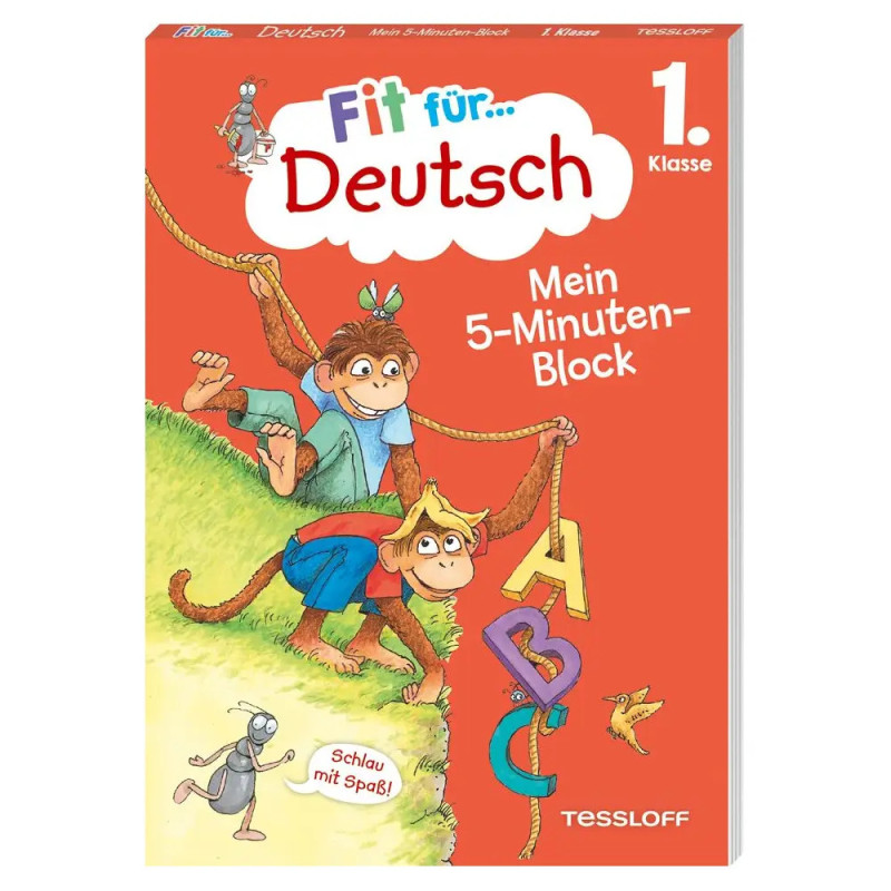 Zwei spielende Affen klettern an Seilen mit Buchstaben auf ein buntes Deutsch-Arbeitsheft für Erstklässler.