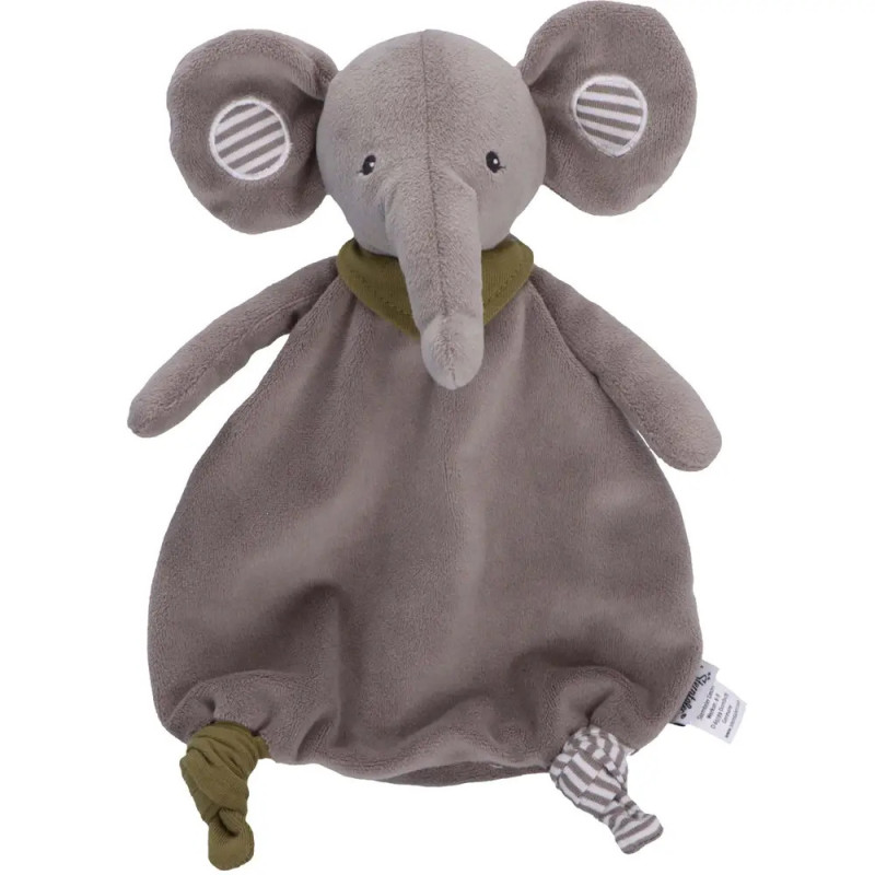 Graues Plüsch-Elefanten-Schnuffeltuch mit Schlappohren, Streifen und geknoteten Ecken vor weißem Hintergrund. Graues Plüsch-Elefanten-Schnuffeltuch mit Schlappohren, Streifen und geknoteten Ecken vor weißem Hintergrund.