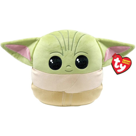 Plüschfigur von Baby Yoda mit großen Ohren und Augen, am Ohr hängt ein rotes Ty-Etikett.