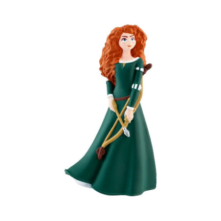 Eine Figur eines Mädchens mit lockigen roten Haaren im grünen Kleid hält Bogen und Pfeil.