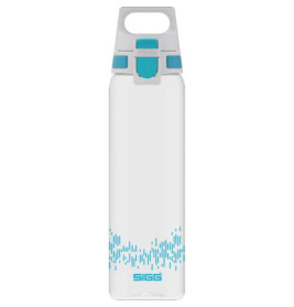Transparente SIGG-Trinkflasche mit blauen Akzenten und geometrischem Muster am unteren Rand.