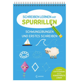 Deutsch-Arbeitsheft mit Zeichenübungen, Bleistift, Segelboot, Schaf, Drachen und Nachspurlinien auf dem Cover.