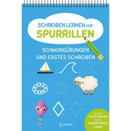 Deutsch-Arbeitsheft mit Zeichenübungen, Bleistift, Segelboot, Schaf, Drachen und Nachspurlinien auf dem Cover.