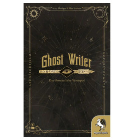 Schwarzes und goldenes Ghost Writer-Spielcover mit mystischen Symbolen, einem Auge und Alphabet-Rand.