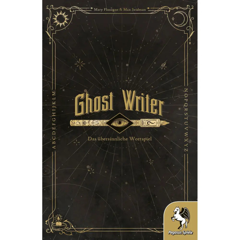 Schwarzes und goldenes Ghost Writer-Spielcover mit mystischen Symbolen, einem Auge und Alphabet-Rand.