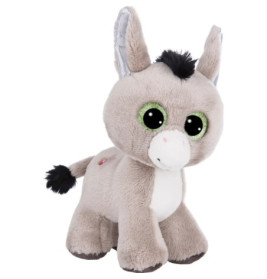 Plüsch-Esel mit großen grünen Augen, grauem Fell, weißer Schnauze sowie schwarzer Mähne und Schweif.