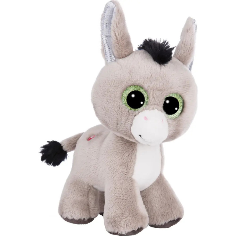 Plüsch-Esel mit großen grünen Augen, grauem Fell, weißer Schnauze sowie schwarzer Mähne und Schweif.