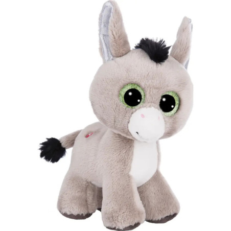 Plüsch-Esel mit großen grünen Augen, grauem Fell, weißer Schnauze sowie schwarzer Mähne und Schweif.