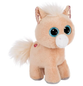 Plüschpferd, hellbraun, große blaue Augen, weiße Mähne und Schweif, roter Stern an der Seite.