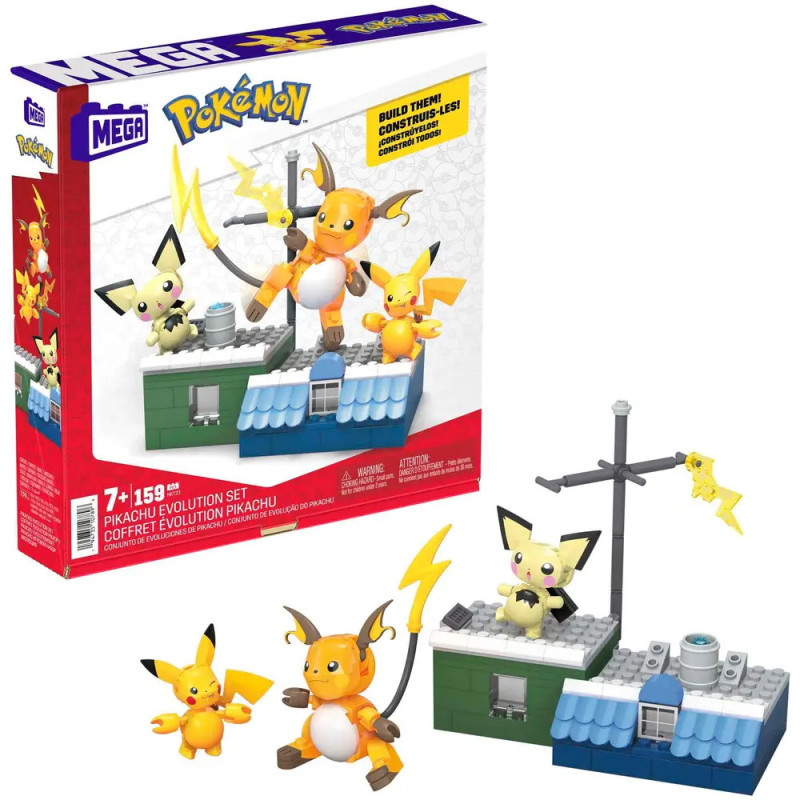 Mega Pokémon Pikachu Evolution Set Box und Figuren von Pichu, Pikachu und Raichu davor aufgebaut.