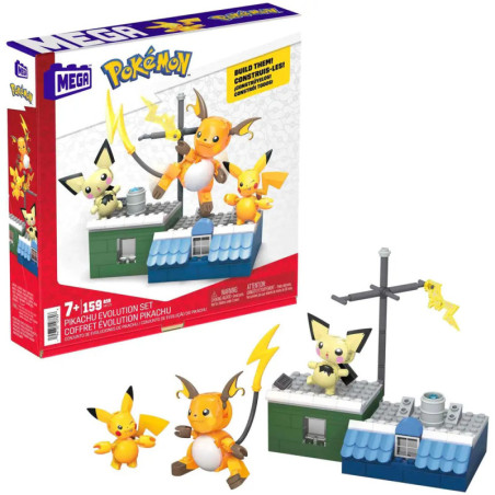 Mega Pokémon Pikachu Evolution Set Box und Figuren von Pichu, Pikachu und Raichu davor aufgebaut.