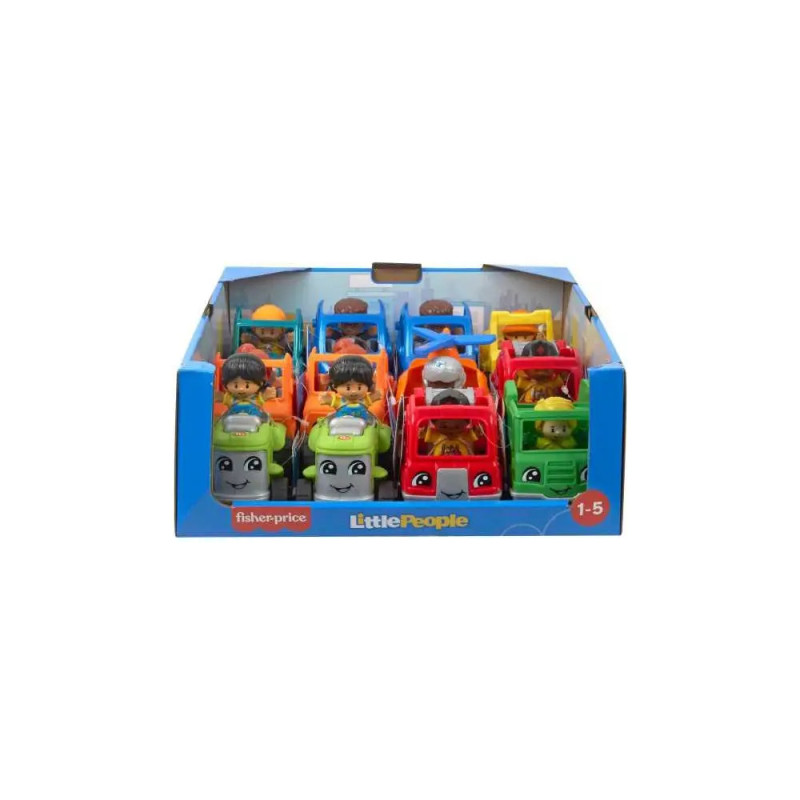 Fisher-Price Little People Autos mit Figuren, präsentiert in blauer Box. Für Kinder von 1 bis 5 Jahren geeignet.