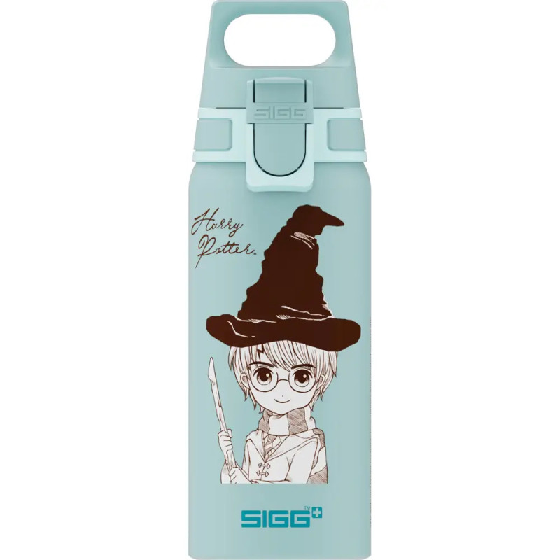 Hellblaue SIGG-Trinkflasche mit Cartoon-Zauberer, Brille, Zauberstab und Harry Potter-Schriftzug. Hellblaue SIGG-Trinkflasche mit Cartoon-Zauberer, Brille, Zauberstab und Harry Potter-Schriftzug.