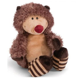 Plüschbär mit beigem Gesicht, braunem Fell, roter Nase und gestreiften braun-beigen Füßen.