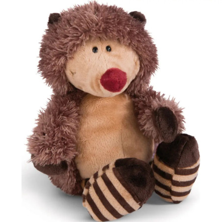 Plüschbär mit beigem Gesicht, braunem Fell, roter Nase und gestreiften braun-beigen Füßen.