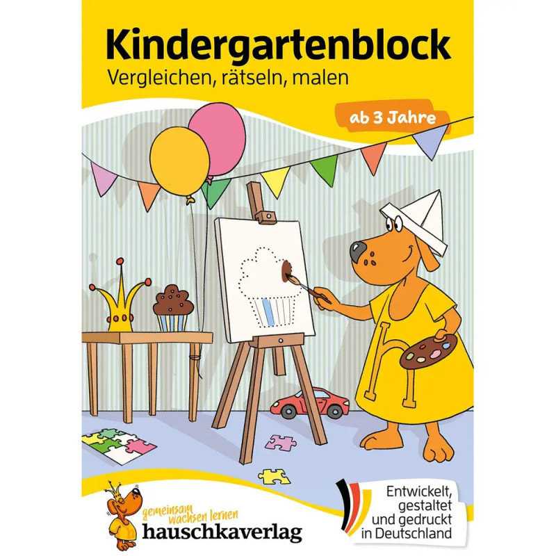 Cartoon-Bär mit Künstlerhut malt an Staffelei in dekoriertem Raum mit Ballons, Spielzeug und Kunstmaterialien.