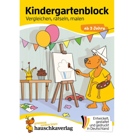 Cartoon-Bär mit Künstlerhut malt an Staffelei in dekoriertem Raum mit Ballons, Spielzeug und Kunstmaterialien.