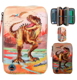 Federmäppchen mit brüllendem T-Rex-Motiv, geöffnet und geschlossen, gefüllt mit bunten Stiften und Bleistiften.