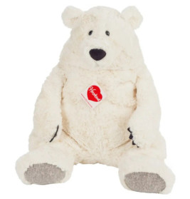 Großer, weißer Plüsch-Teddybär mit rotem Hartman-Tag sitzt aufrecht vor weißem Hintergrund.