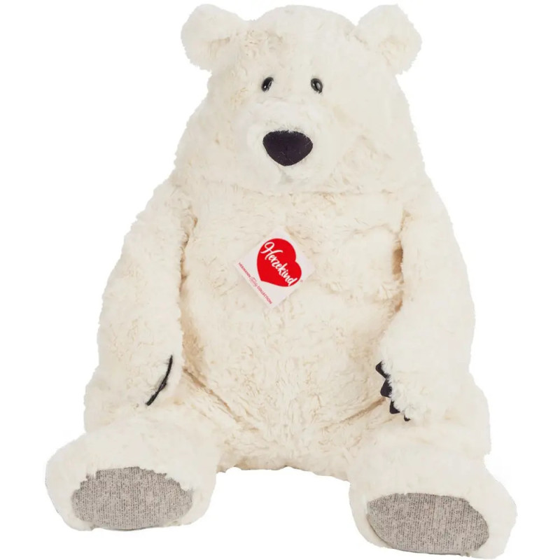 Großer, weißer Plüsch-Teddybär mit rotem Hartman-Tag sitzt aufrecht vor weißem Hintergrund.