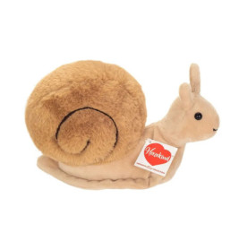 Plüsch-Schnecke mit braunem Haus, beigem Körper und einem Etikett mit der Aufschrift Herzekind.