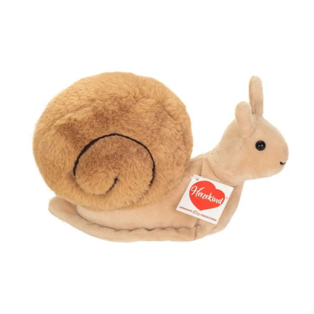 Plüsch-Schnecke mit braunem Haus, beigem Körper und einem Etikett mit der Aufschrift Herzekind.