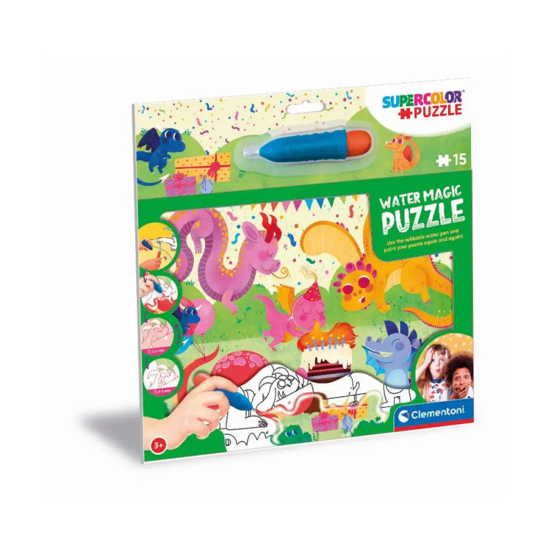 Clementoni Water Magic Puzzle mit bunter Drachen-Illustration und magischem Stift zum Ausmalen. Clementoni Water Magic Puzzle mit bunter Drachen-Illustration und magischem Stift zum Ausmalen.