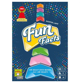 Spielschachtel von Fun Facts mit bunten Pfeilen und deutschem Text auf blau gepunktetem Hintergrund.