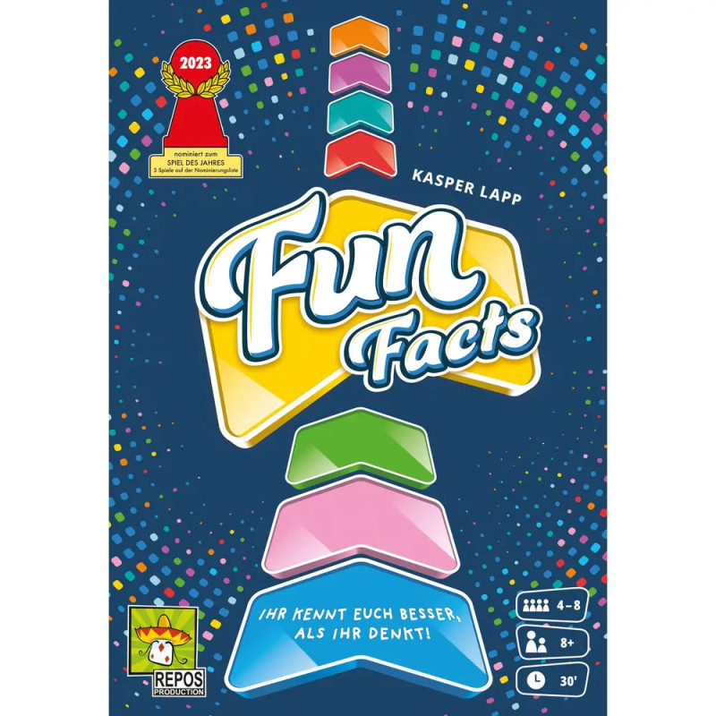Spielschachtel von Fun Facts mit bunten Pfeilen und deutschem Text auf blau gepunktetem Hintergrund.