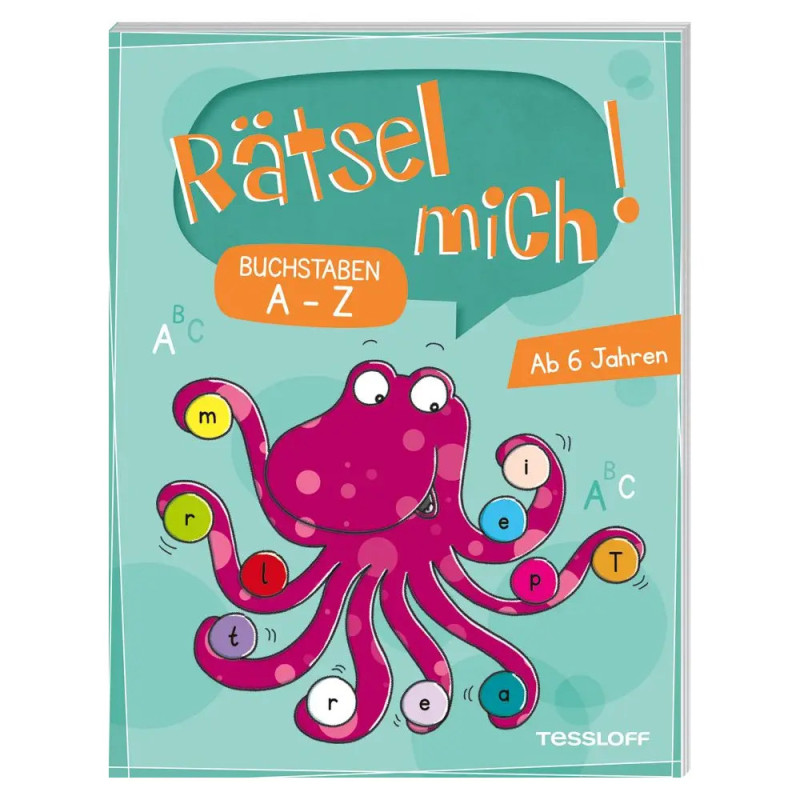 Cover eines Kinder-Rätselbuchs: Lächelnder lila Oktopus hält bunte Buchstaben-Kreise, deutscher Text.