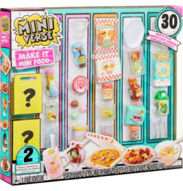 Bunte Box des MGA Mini Verse Make It Mini Food Kits mit 30 Mini-Lebensmitteln und Bastelzutaten.