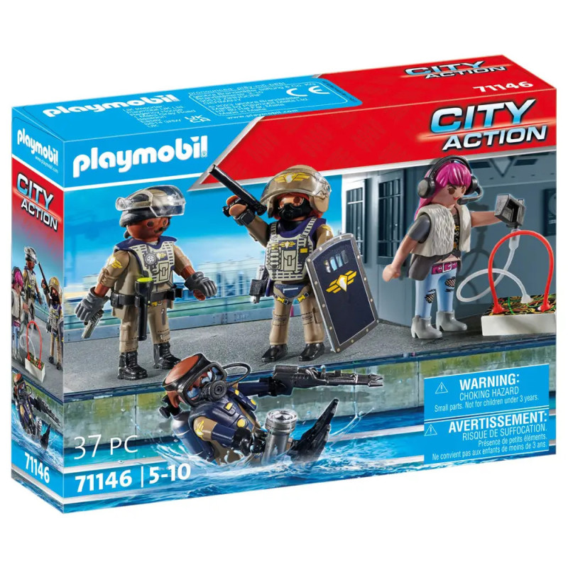 Playmobil City Action Polizei-Taucherset, 37 Teile, mit Figuren und Zubehör auf dem Schachteldeckel abgebildet.