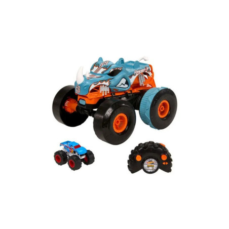 Blau-orangefarbener Spielzeug-Monstertruck mit Fernbedienung, daneben ein kleinerer blau-roter Truck.