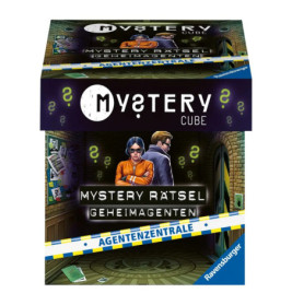 Mystery Cube: Geheimagenten-Box mit zwei gezeichneten Geheimagenten und Fragezeichen.