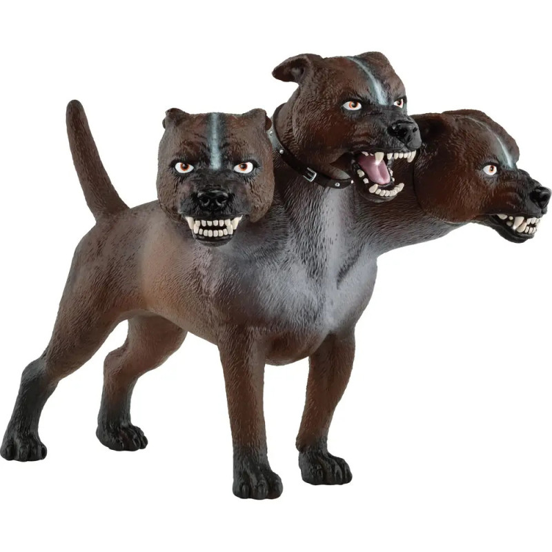 Figur eines dreiköpfigen, fletschenden Hundes mit scharfen Zähnen und schwarzem Halsband.