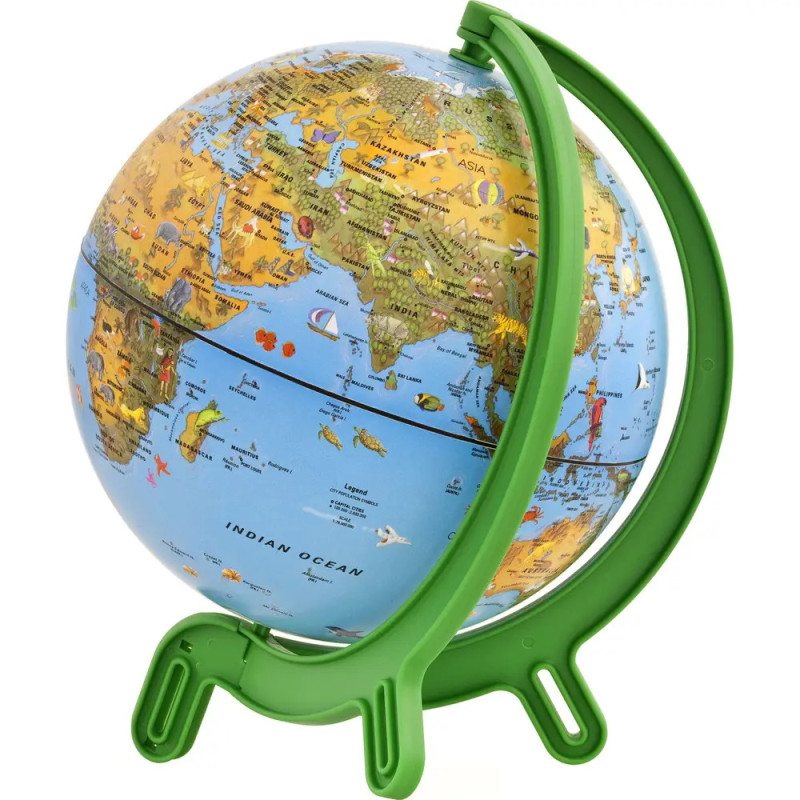 Bunter Globus mit grünem Standfuß, zeigt Afrika, Asien und den Indischen Ozean.