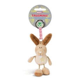Plüschhasen-Schlüsselanhänger mit pinkem Herzband, auf der Verpackung steht Talismis I Will Be Your Friend.