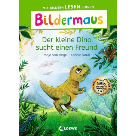 Buchcover: Ein freundlicher grüner Dinosaurier im Dschungel, umgeben von Vögeln, Pflanzen und einem weiteren Dino.