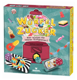 Bunte Würfel Zucker Brettspielbox mit Süßigkeiten und Würfeln um eine Kaugummiautomat-Illustration.